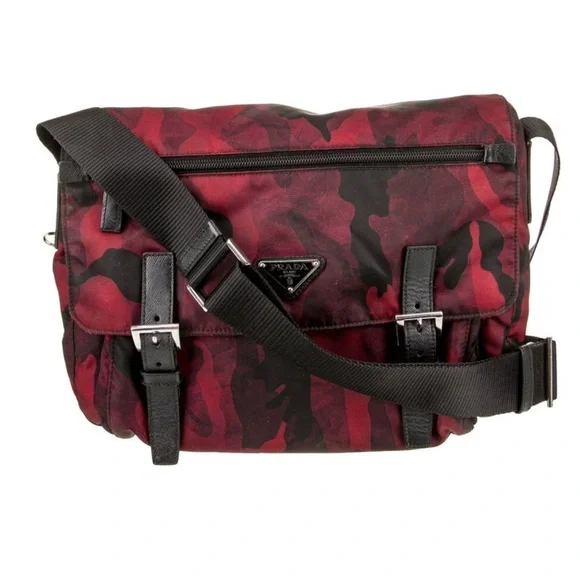 100% Authentic Prada Red Camouflage Nylon Messenger Bag - Picture 1 of 9